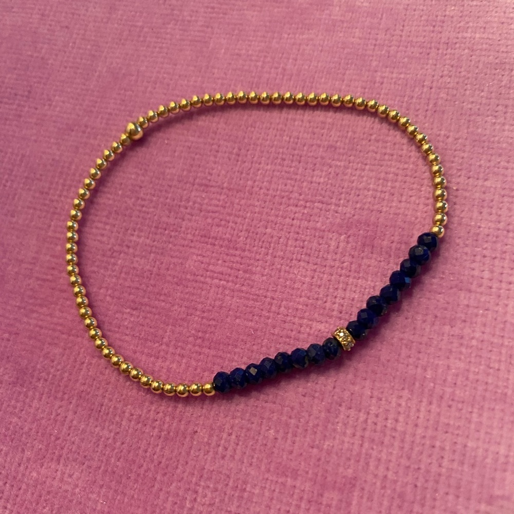 New 2MM Lapis and Diamond Rondelle Bead Bracelet